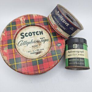 Vintage Tin Lot Scotch Tape Round Ray Hesive Bandage Duro Clear Ribbon Empty